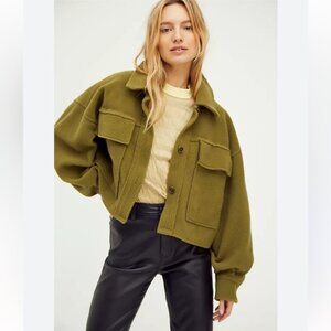 Free People - Olive Green Teddy Fleece Women's Boxy Jacket
